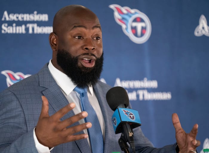 Tennessee Titans new general manager Ran Carthon responds to questions during his introductory press conference at Ascension Saint Thomas Sports Park Friday, Jan. 20, 2023, in Nashville, Tenn.